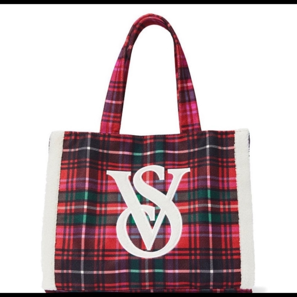 Victoria’s Secret Sherpa plaid tote bag red